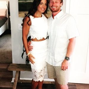 LuLus white floral lace crop top & skirt